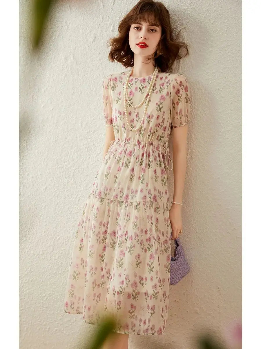 Women Dress Print Floral Round Neck Short Sleeve High Waist A-line Elegant