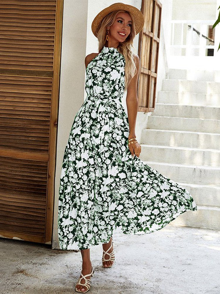 Floral Print Halter Slit Sexy Women Chic Dress Summer Casual Ladies Long Dress KilyClothing