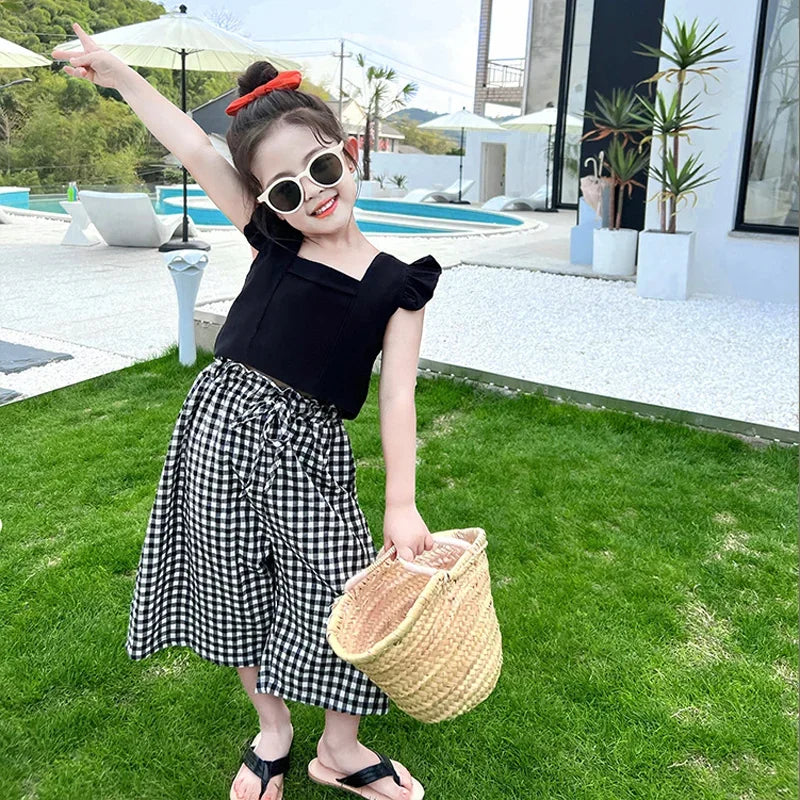 Summer Children'S Girls' Clothing Sets, Camisole Top Plus Plaid Wide-Leg Pants 2Pcs Fashion Baby Kids Clothes Suit KilyClothing