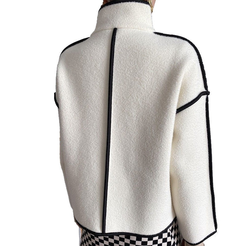 High Quality with Cashmere, Stand Collar Contrast Color Pearl Velvet Cropped Coats Casual Cardigans KilyClothing