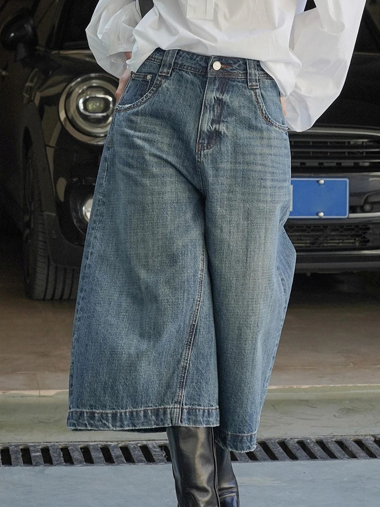 [LANMREM] High Waist A-line Loose Jeans For Women Straight Vintage Streetwear Solid Color Pant 2023 Autumn Autumn New Clothing KilyClothing