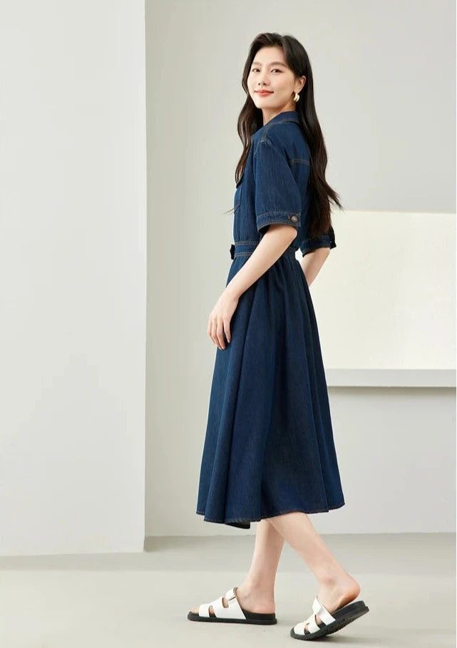 Short Sleeve Cotton Denim Shirt Dress, Single Breasted Pockets Casual Midi Jeans Dresses