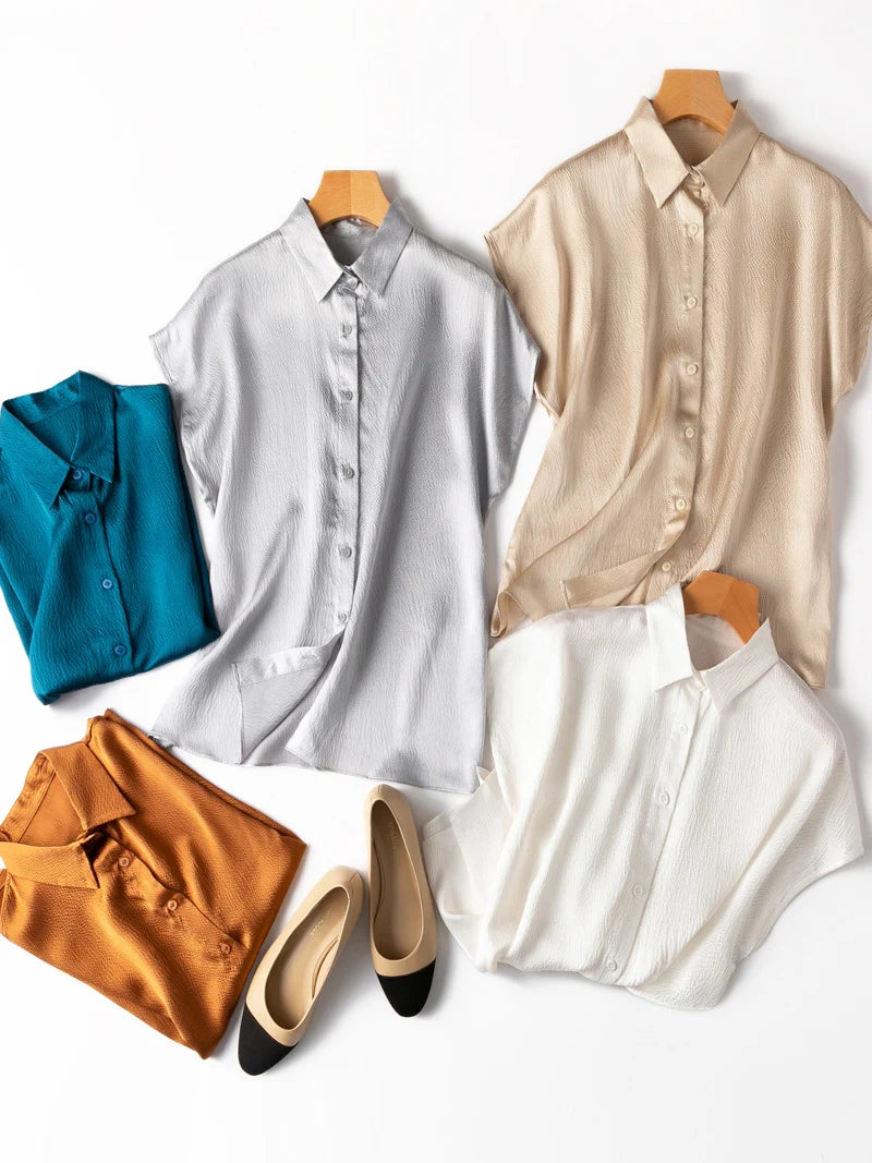 Camisas elegantes para mujer, 100 % seda morera, cuello vuelto, blusa de manga corta tipo murciélago