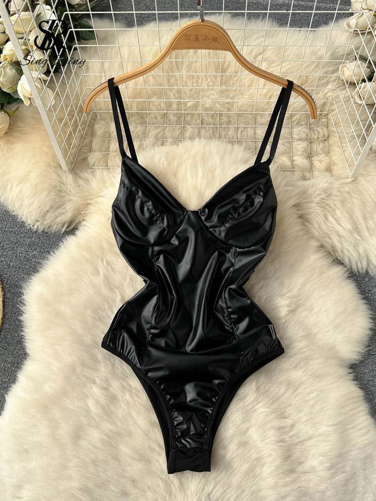 Sexy PU Leather Camis Bodysuits Women French Style V Neck Straps Sheath Rompers