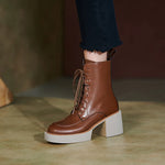 Women Shoes Genuine Leather Women Boots Platform Chunky Boots, Solid Real Leather with High Heel KilyClothing