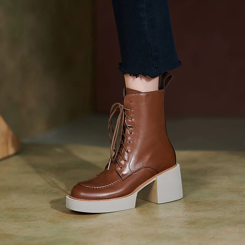 Women Shoes Genuine Leather Women Boots Platform Chunky Boots, Solid Real Leather with High Heel KilyClothing