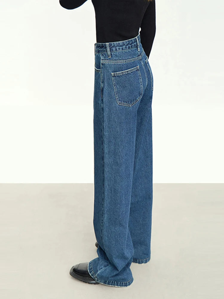 Minimalism Hong Kong Style Women's Jeans, New Retro Wide Leg Pants Washed Cotton Straight Trousers