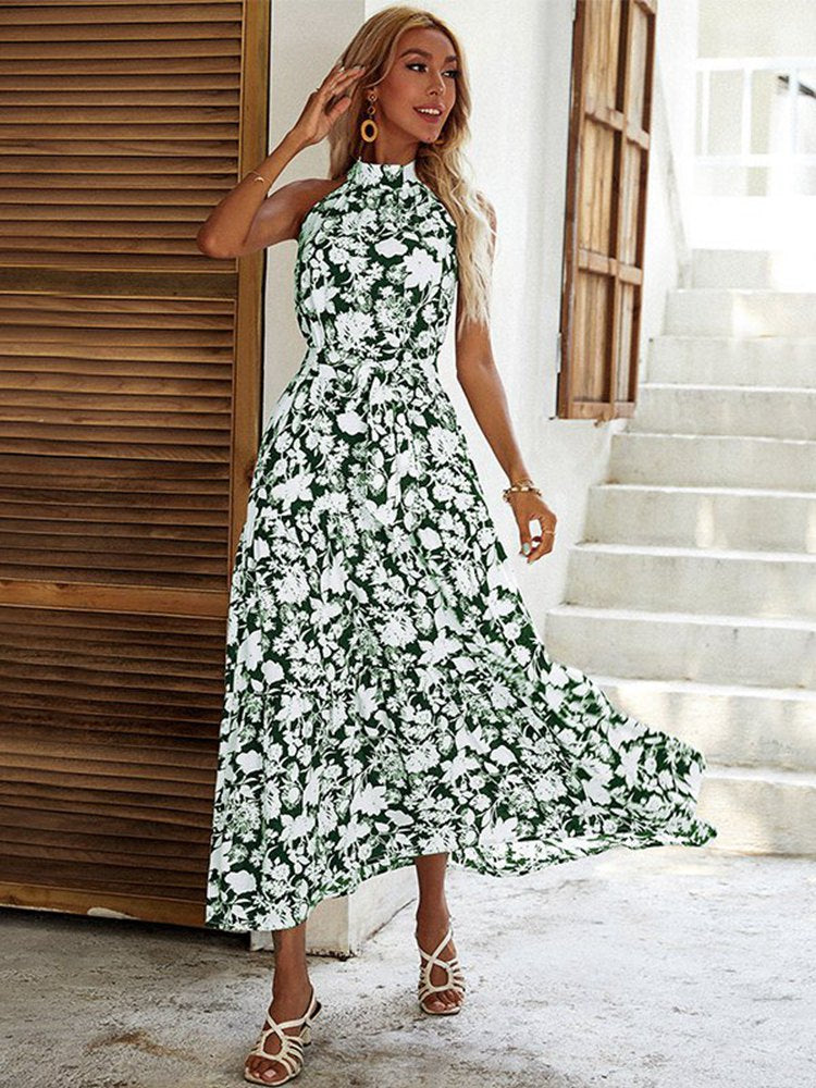 Floral Print Halter Slit Sexy Women Chic Dress Summer Casual Ladies Long Dress KilyClothing