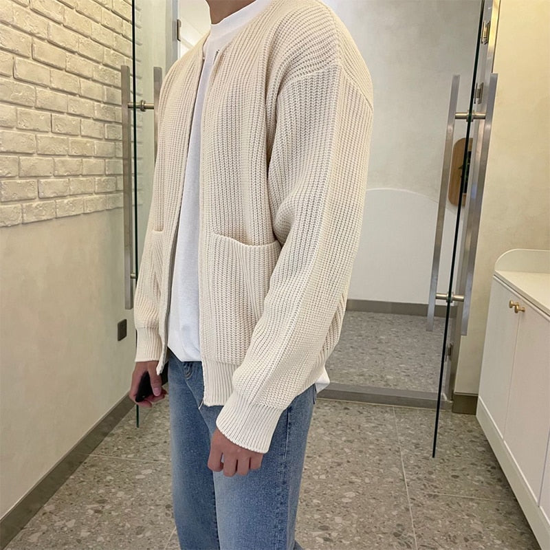 Autumn Winter Solid Color Simple Cardigan Coat, Round Neck Zipper Pocket All-match Knitted Top KilyClothing