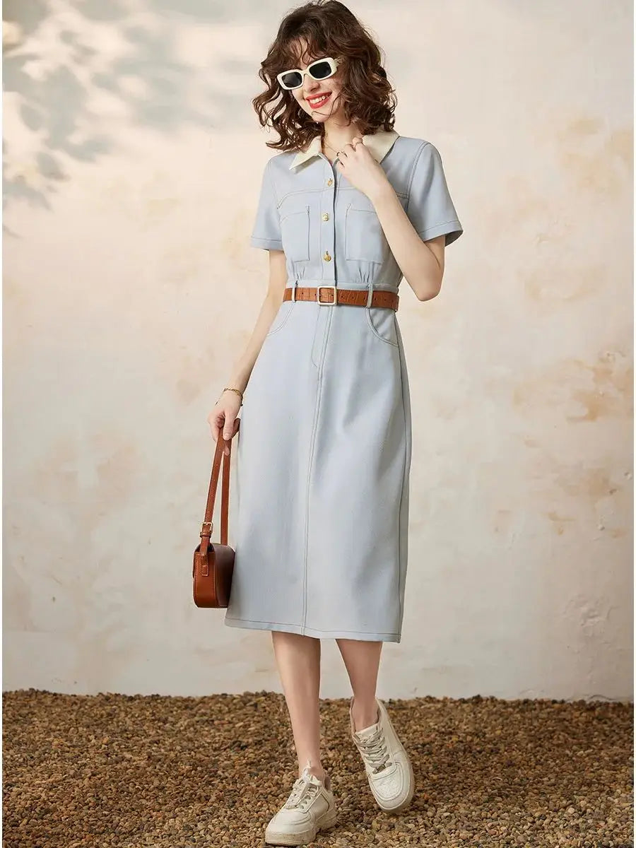 Women Dress Elegant Turn Down Collar Short Sleeve, A-LINE French Style Casual