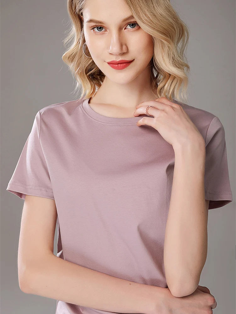 Camisetas lisas para mujer, mezcla de algodón y seda, cuello redondo, manga corta, colores sólidos