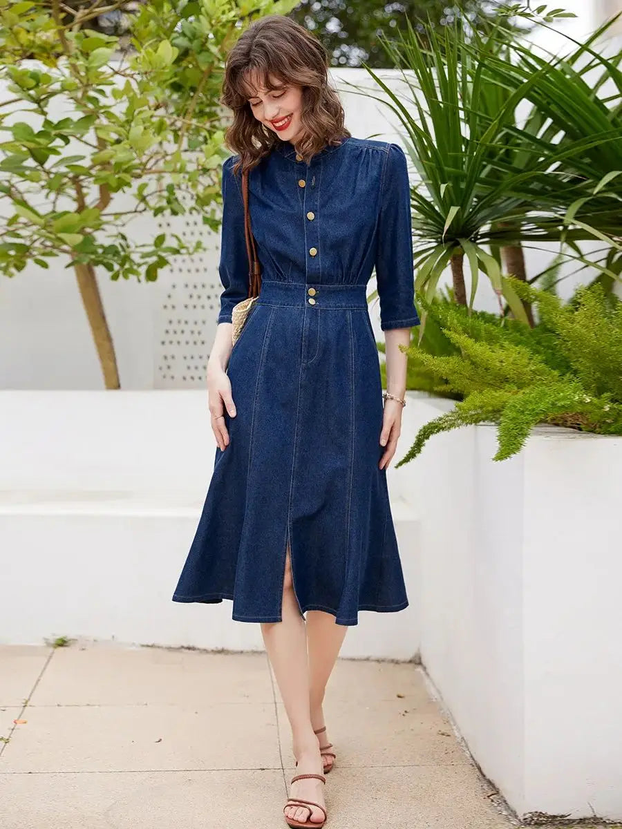 Women Denim Dress Retro Style Casual, Round Neck Three-quarter Sleeve Slim Fit A-line Fishtail Dress