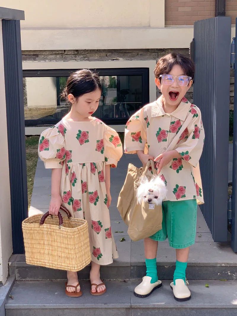 Kids Unisex Clothing Set, Rose Print Girls Dress Turn Down Collar Shirt, Shorts Boys Suit