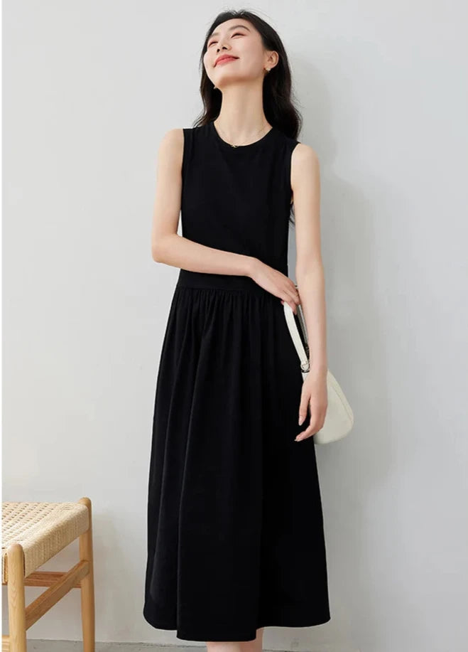 Vestido básico informal sin mangas para mujer, elegante vestido de verano drapeado ajustado estilo francés liso