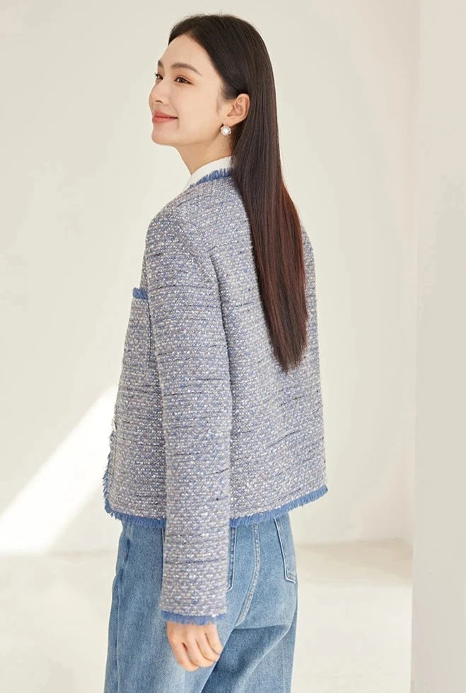 Chaqueta de Tweed recortada de mezcla de lana para mujer, abrigo de mujer con cuello redondo, prendas de vestir exteriores elegantes