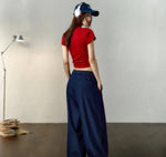 Ice Silk Cool Feeling Jeans for Women, Denim Blue,, Loose Wide Leg Pants, Elastic Waist Contrasting Color Tassel Waist Cord KilyClothing