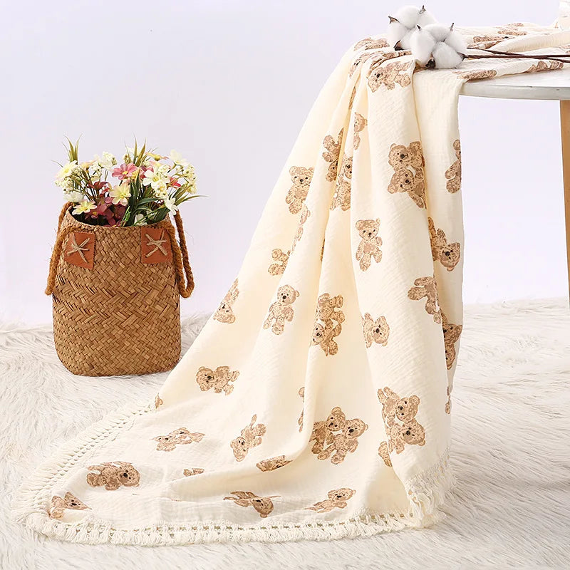 Cute Bear Muslin Squares Cotton Baby Blanket for Newborn Plaid Infant Swaddle Blanket Babies Accessories Bed Summer Comforter KilyClothing
