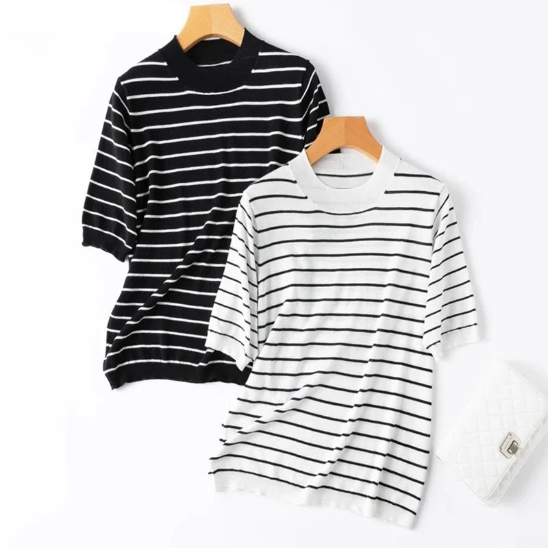 Women Knit T-Shirt 70% Mulberrry Silk 30% Cotton Round Neck Stripes Short Sleeve Sweater Pullover Top