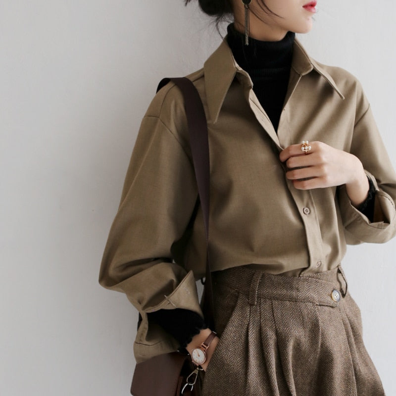 Coffee Blouse Women Spring Autumn Casual Solid Color Long Sleeve Shir KilyClothing