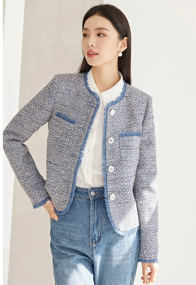 Chaqueta de Tweed recortada de mezcla de lana para mujer, abrigo de mujer con cuello redondo, prendas de vestir exteriores elegantes