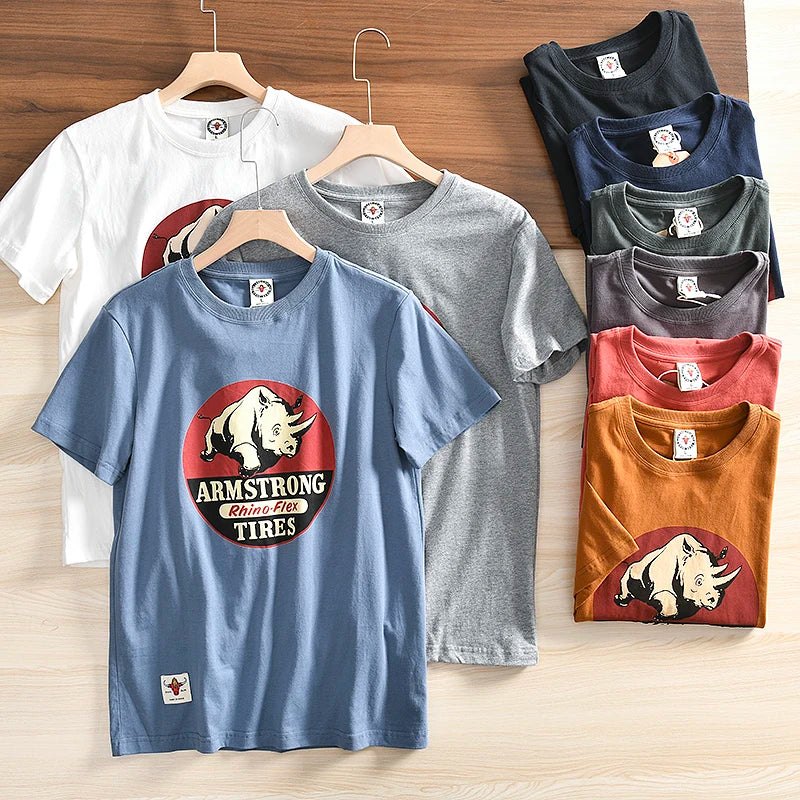 Retro Short-sleeved O-neck Rhinoceros Printed T-shirt Men's Fashion Simple 100% Cotton Washed Casual Sport Tops