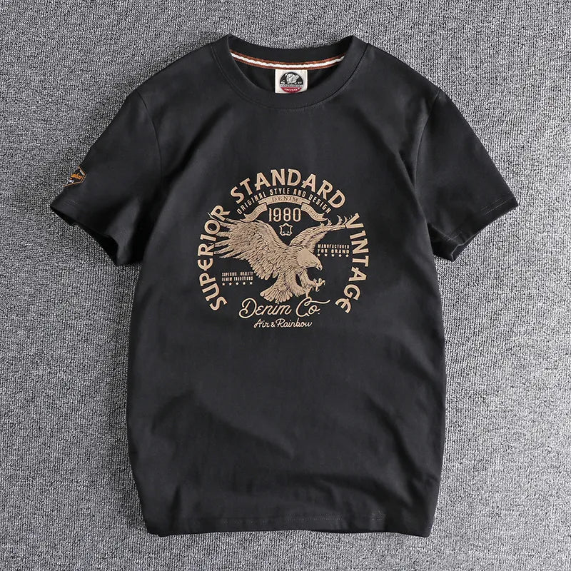 Retro Short-sleeved O-neck Eagle Printed T-shirt Men's Fashion Simple 100% Cotton Washed
