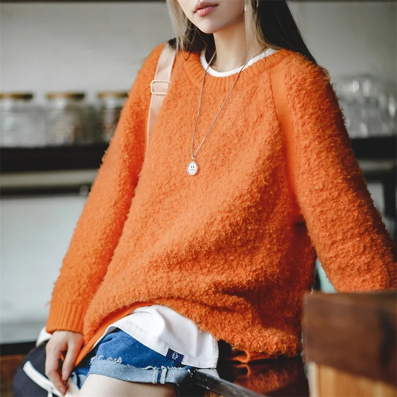 Suéter vintage para mujer, color naranja, tejido de hilo redondo, cálido
