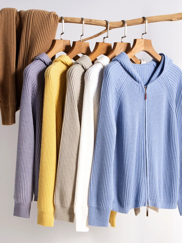 Cárdigan con capucha para mujer 46.% Lana de oveja Mangas raglán Chaquetas con cremallera Camel y amarillo