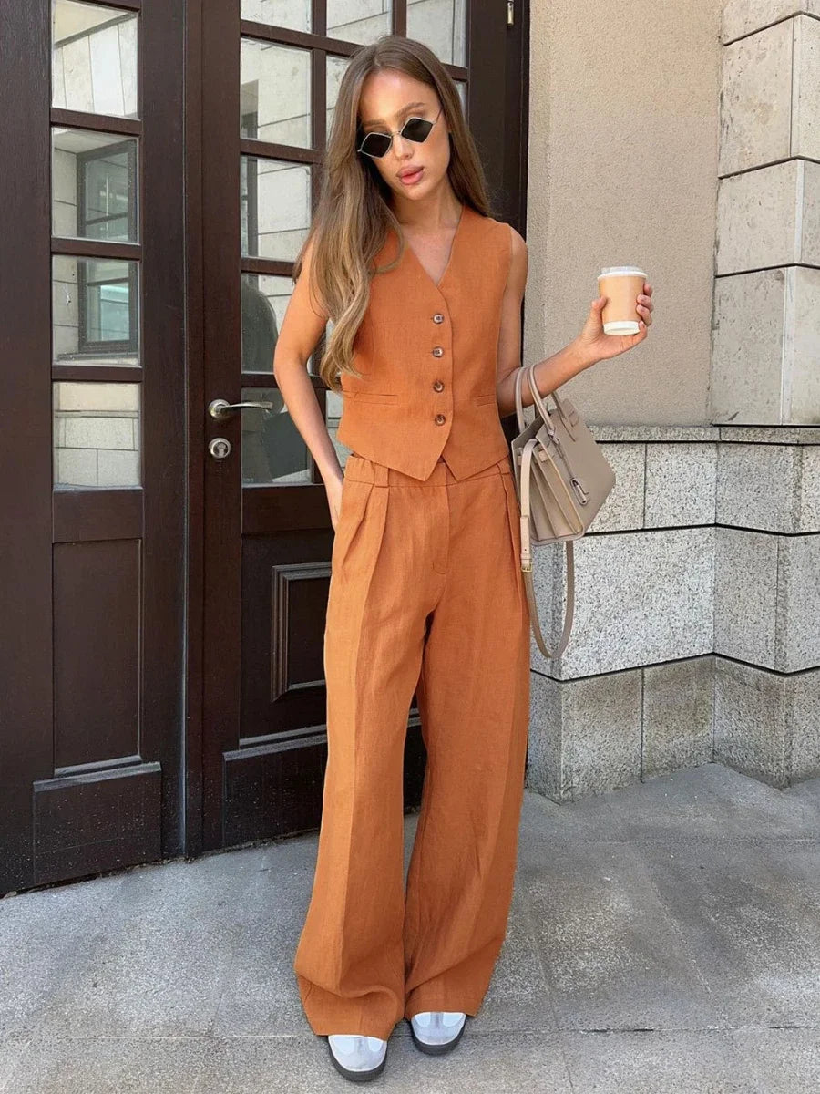Linen Cotton Chic Vest ＆ Pants Suit Two-Piece Set for Ladies, Summer Chic 2 Piece Sets