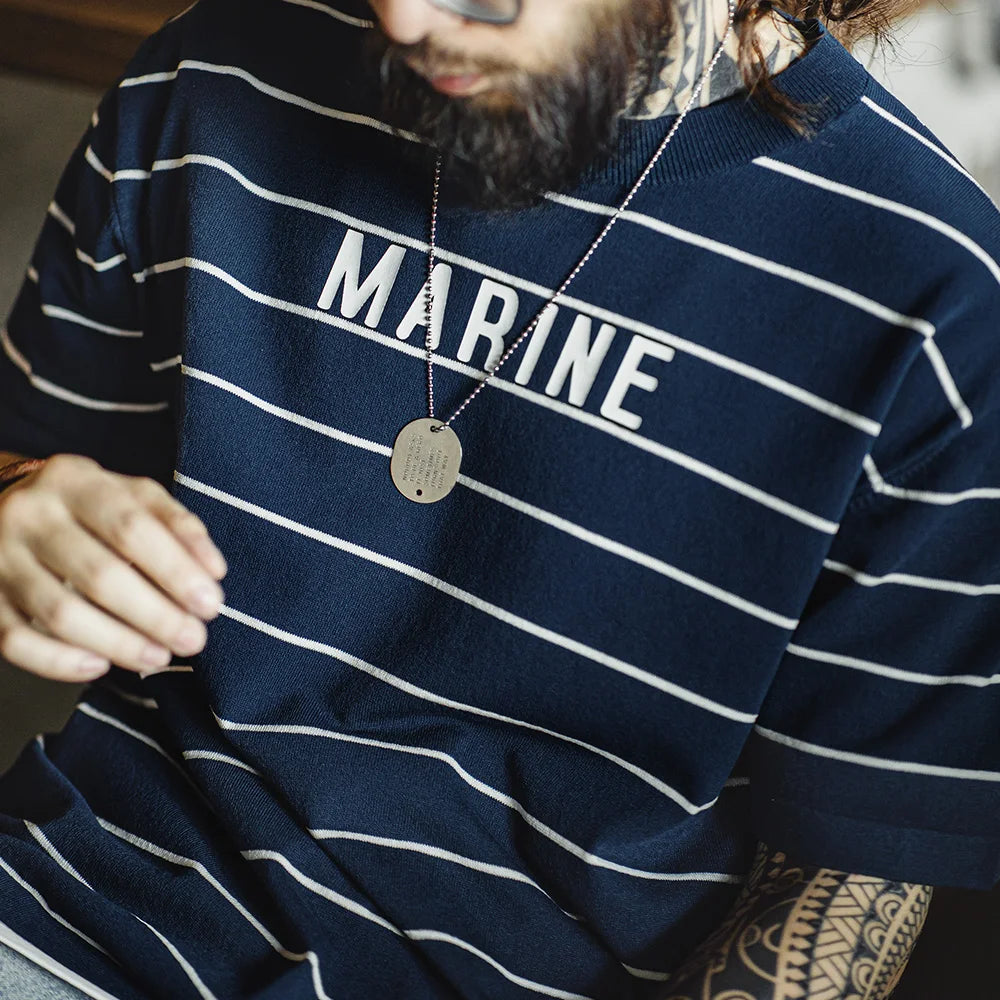 Retro Contrast Striped Short-sleeved T-shirt with Letter Printed Breathable
