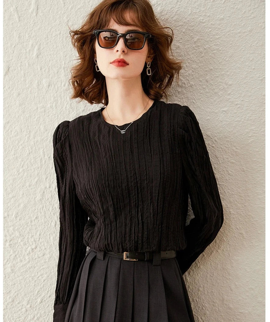 Camisa de mujer, primavera, cuello redondo, manga larga, blusas cortas, manga abombada, jersey informal