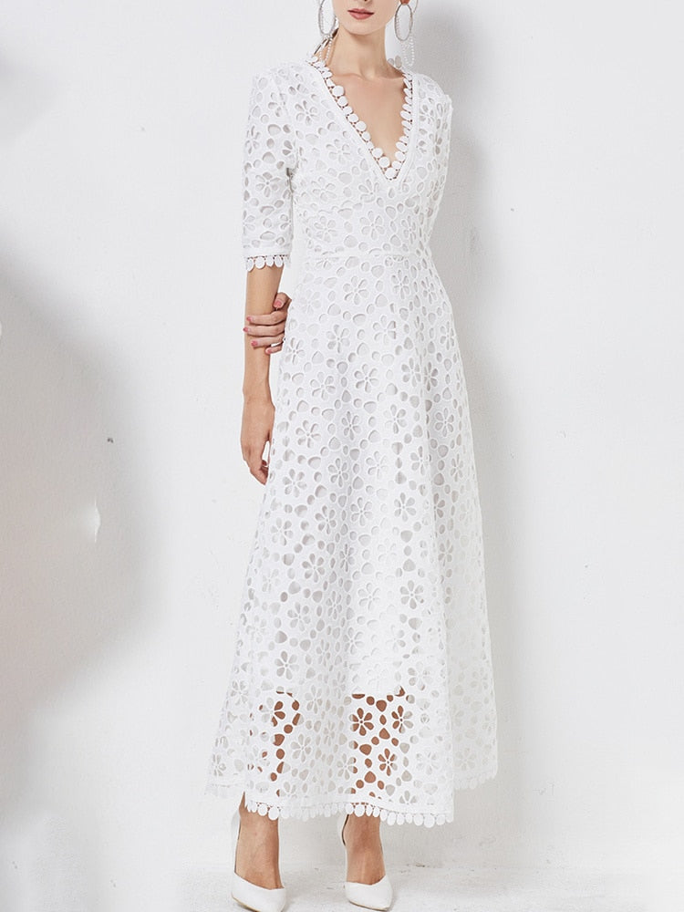 Elegant White Maxi Dress For Women V Neck Half Sleeve High Waist KilyClothing