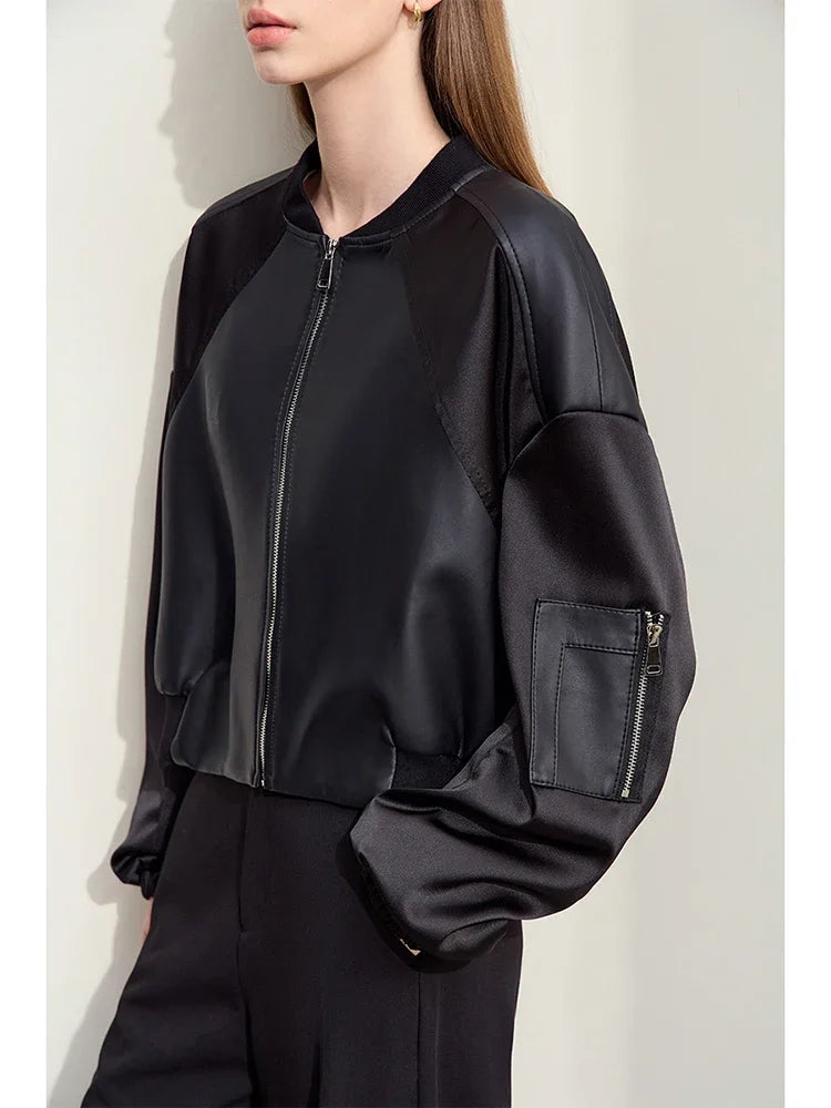 Minimalism PU Leather for Women  Autumn New Casual Handsome Baseball Collar Zipper Short Retro Female Jacket
