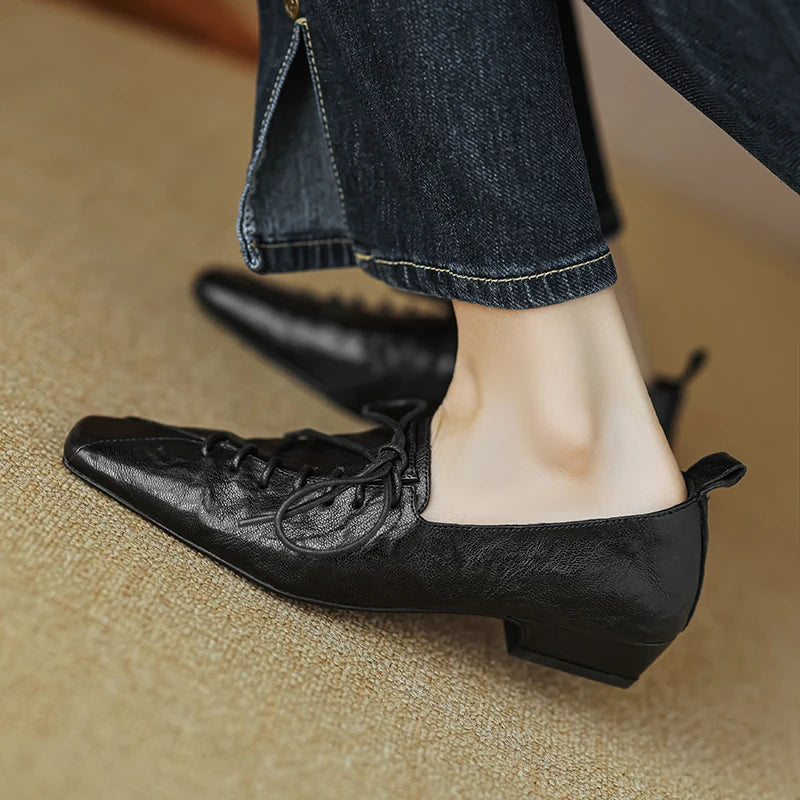 Women Shoes Low Heel Square Toe Basic Casual Working Comfortable Soft Genuine Leather Shoes Woman Concise Pumps