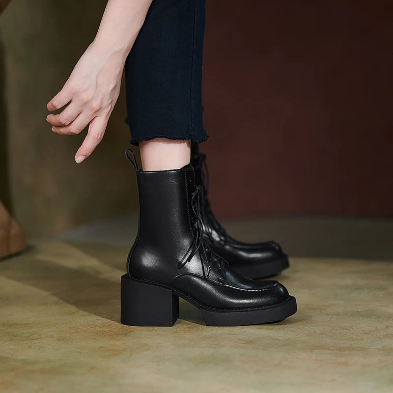 Women Shoes Genuine Leather Women Boots Platform Chunky Boots, Solid Real Leather with High Heel KilyClothing