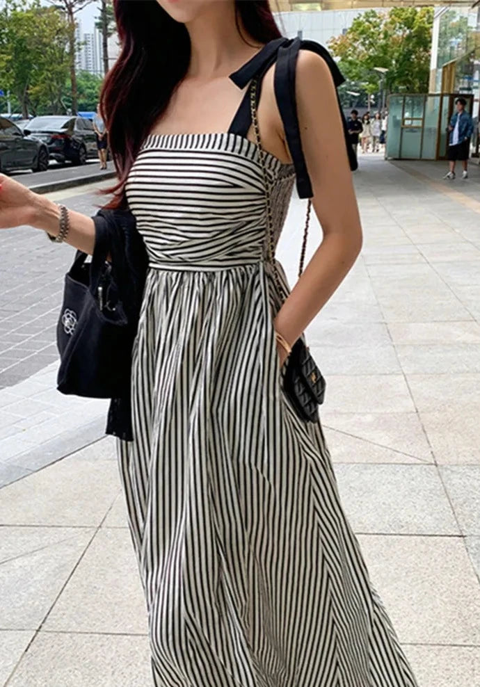 Chic Sleeveless Lace Up Striped High Waist Fashion Elegant Holiday Women's Spring Summer Long Dresses KilyClothing