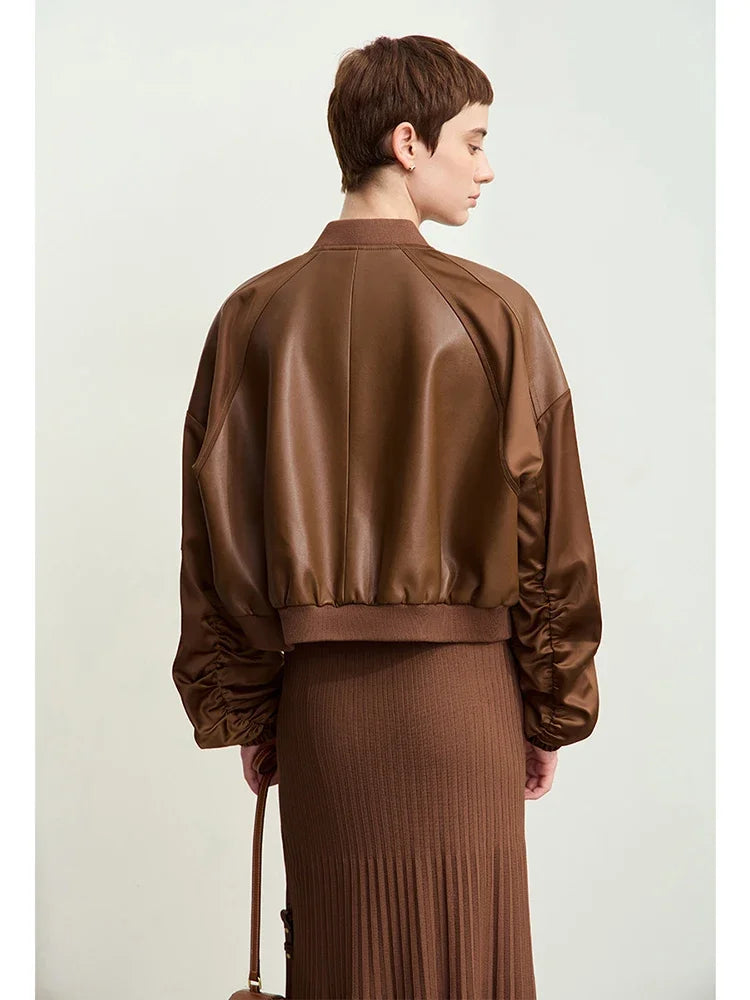 Minimalism PU Leather for Women  Autumn New Casual Handsome Baseball Collar Zipper Short Retro Female Jacket