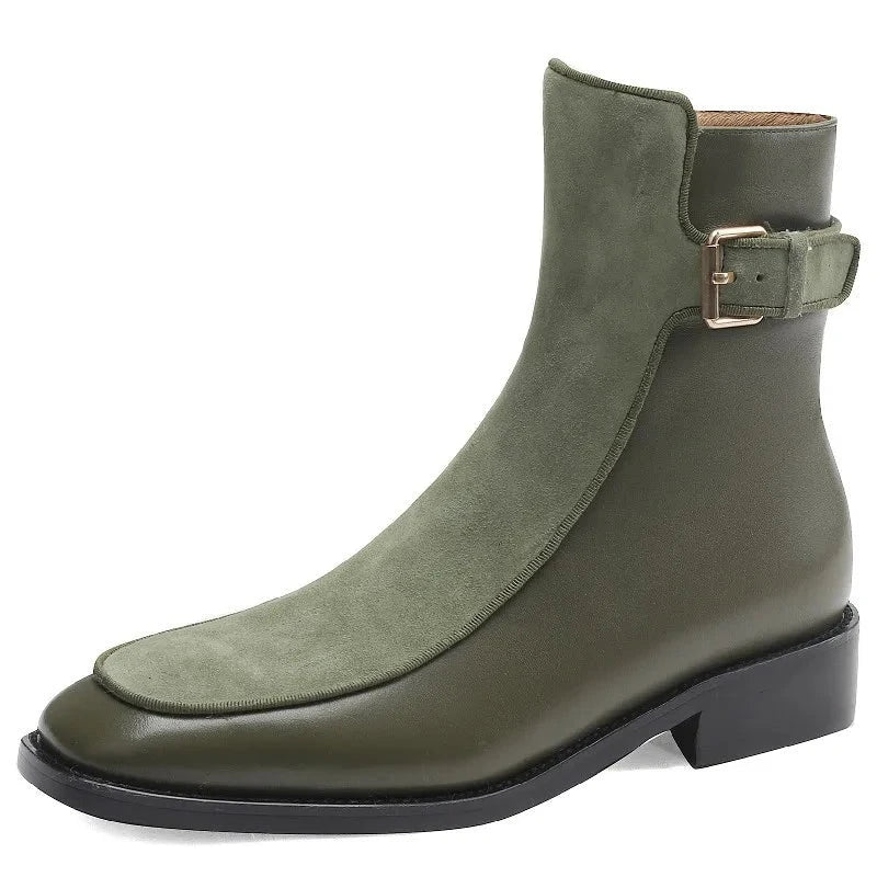 Botines elegantes para mujer, empalme de cuero genuino, hebilla de Metal, tacones bajos, zapatos de oficina para mujer, Otoño Invierno