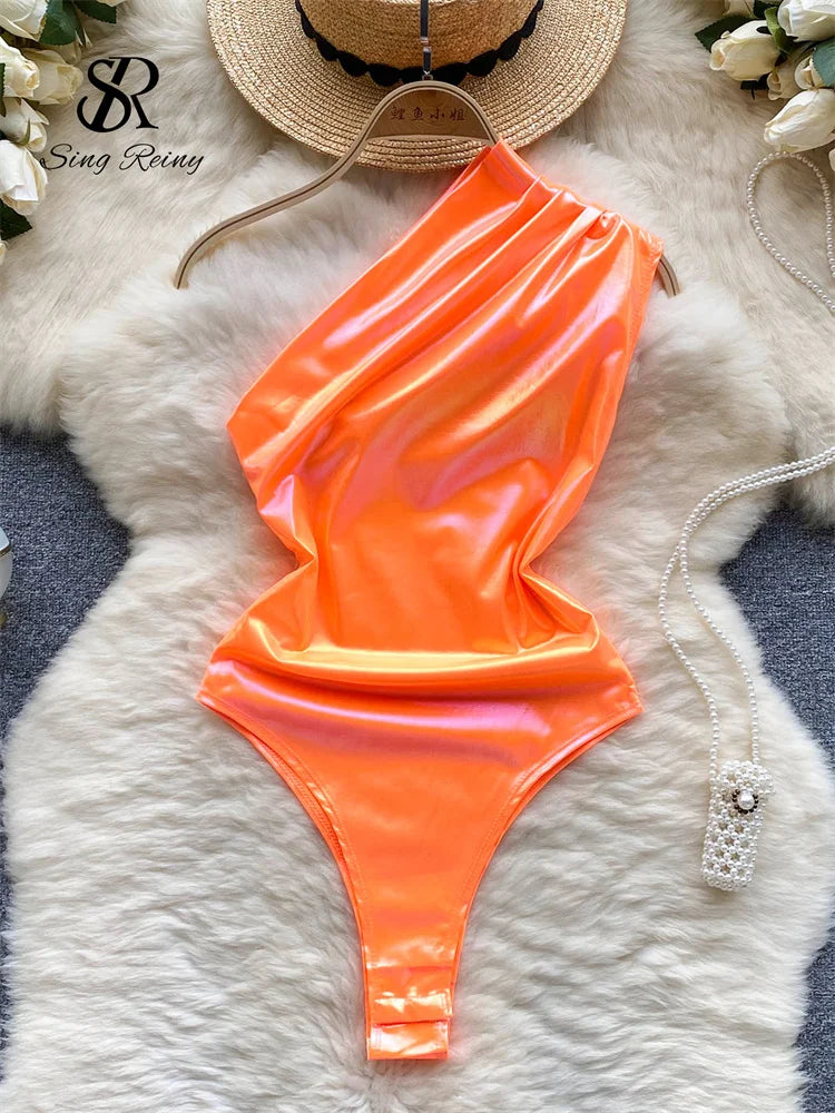 Beach Bikini Playsuits Women One Shoulder Slim Open Crotch Sexy Swimsuits