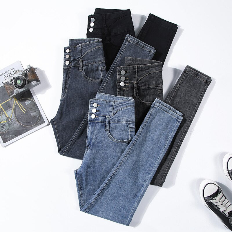 Stretch Jeans Fashion Slim High Waist Breasted Skinny Pencil Denim KilyClothing