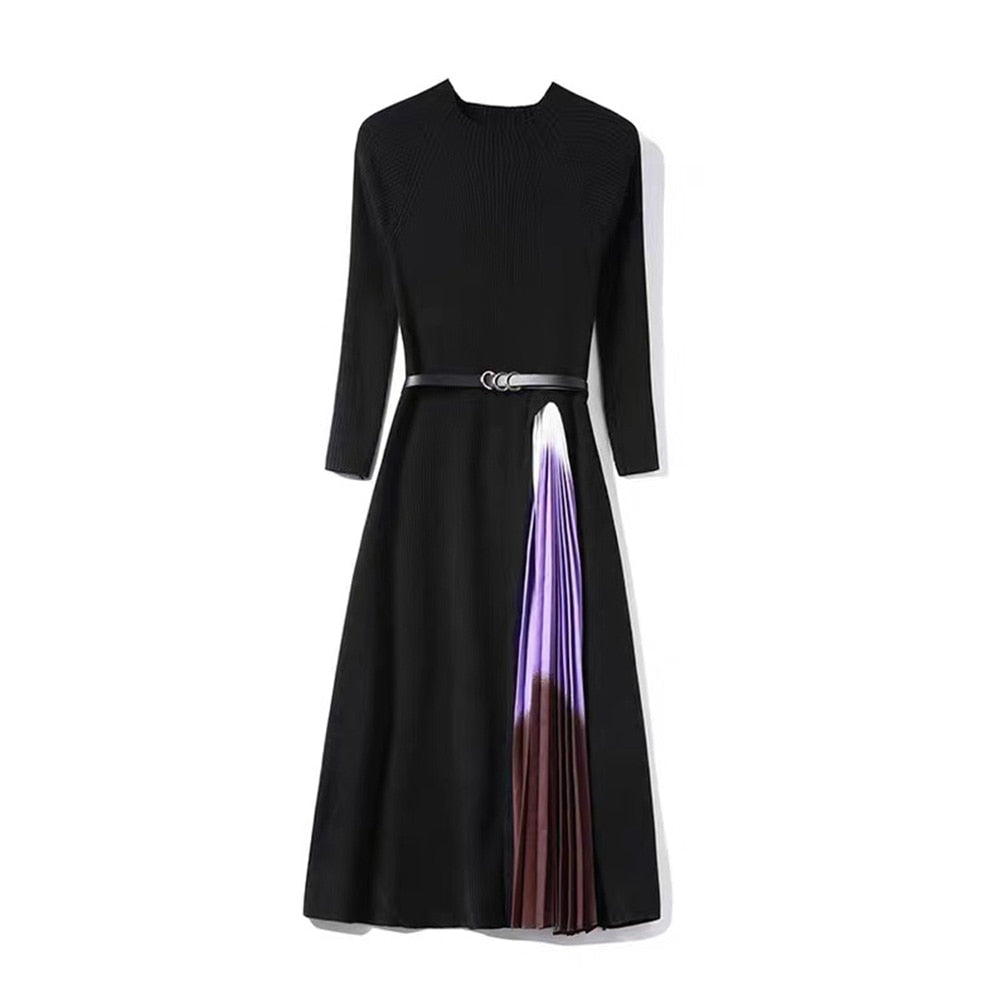 Retro Print Pleated Dress Women Elegant Knitted Gradient Patchwork Long Sleeve KilyClothing