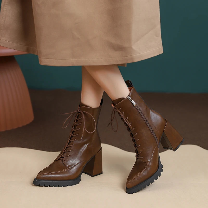 Botas de mujer de cuero genuino, con tacón alto grueso para mujer