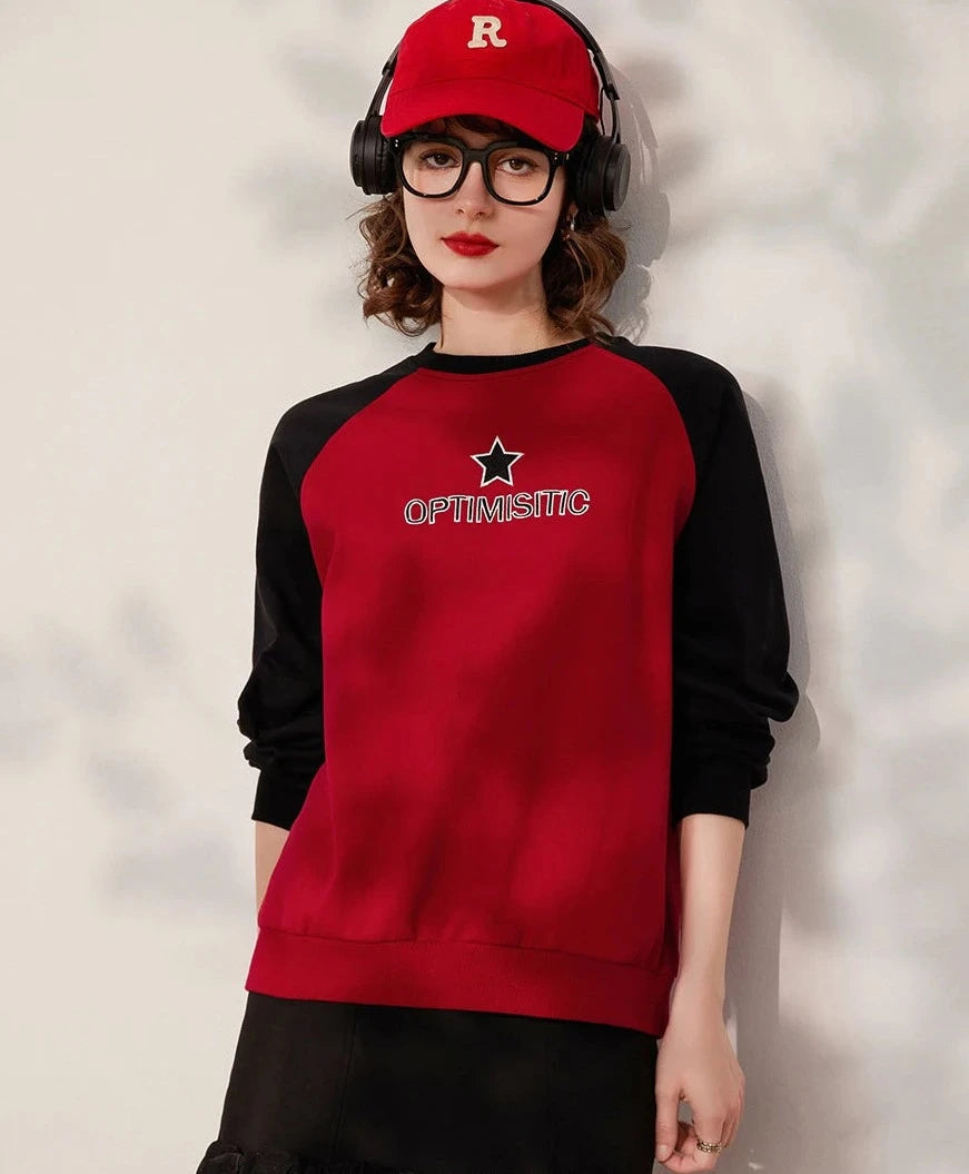 Women Sweatshirt Round Neck Long Sleeve Contrast Color, Embroidery Letter Loose Fit Pullover Top
