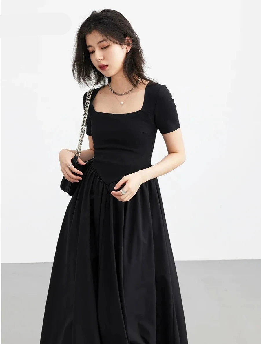 Korean Women's Dresses Short Sleeve Pullover Black Long Beach Dress for Girl Summer