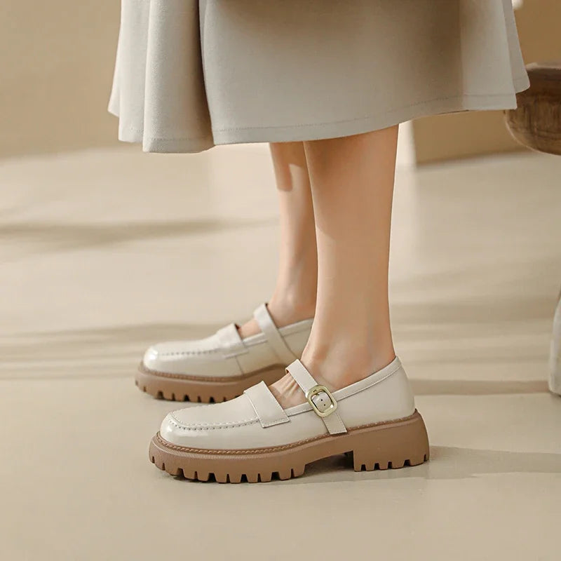 Spring Genuine Leather Women Shoes Casual Round Toe Flats Platform Buckle Strap Woman Shoes Loafers Oxford Casual Shoes KilyClothing