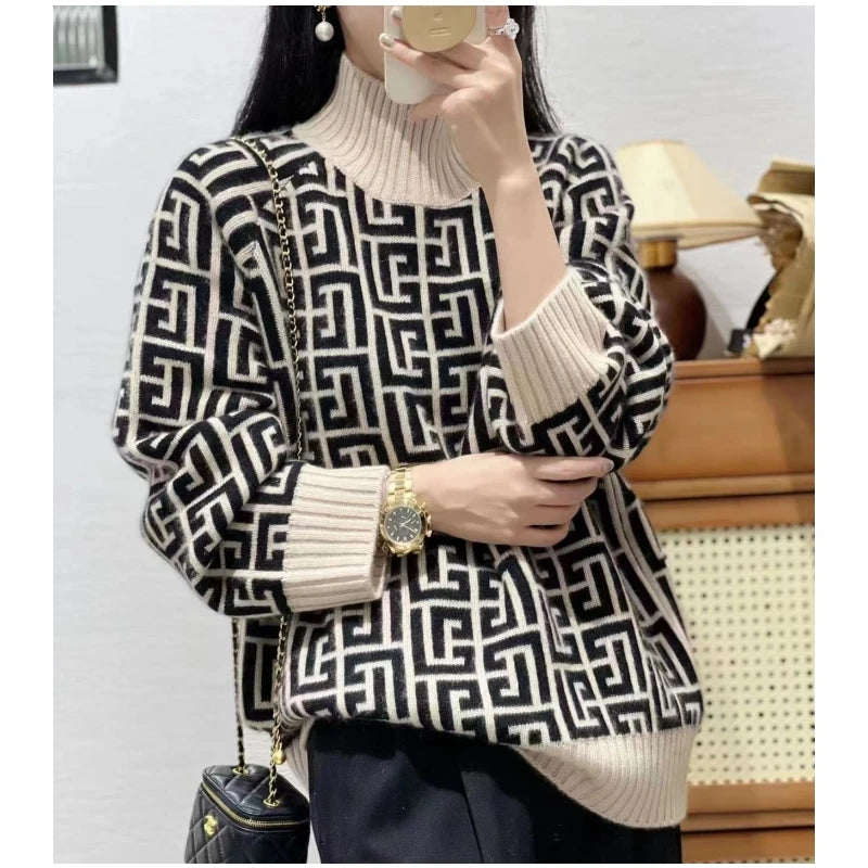 High-end 100% goat sweater women stand collar bottom loose sweater