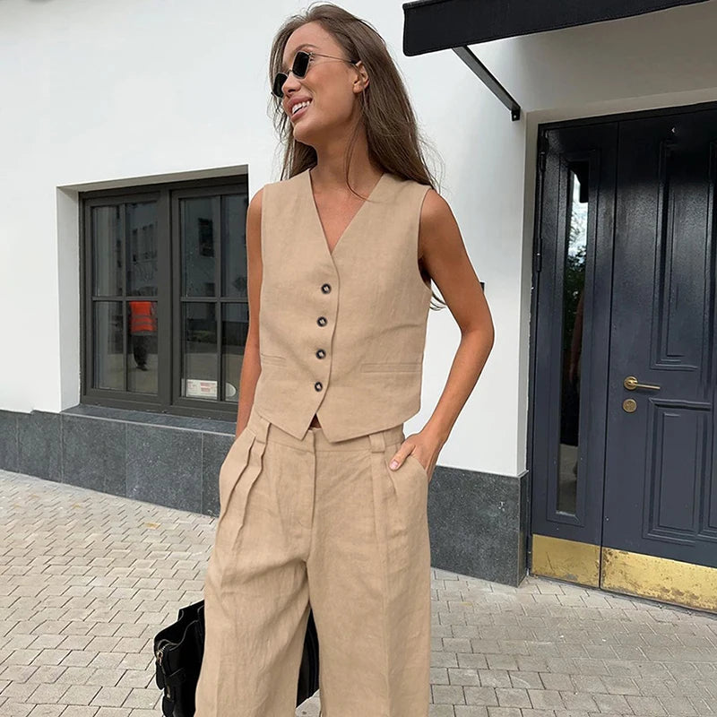 Cotton Linen Blend Vest Wide Leg Pants Suit Spring and Summer Women's Casual Fashion Sleeveless Low Waist Pants Set