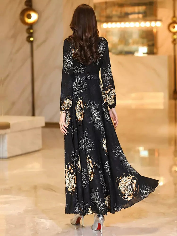 New Women Print Long Dress Fashion V-Neck Long Sleeve Slim Dress Elegant