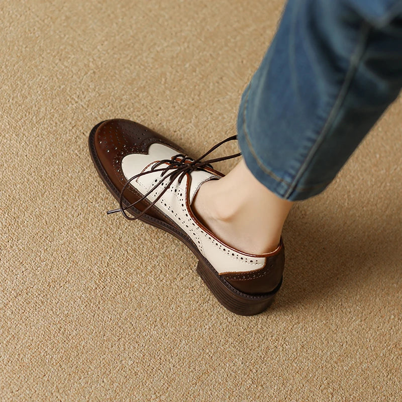 Genuine Leather Oxford Shoes Round Toe Black White Lady Lace Up Brogues Loafers Casual Shoes for Women Leather Shoes