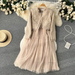 Spaghetti Strap Woolen Patchwork Mesh Tulles Midi Dress + Short Tweed Jacket Coat For Women 2 Pieces Set Outfits KilyClothing